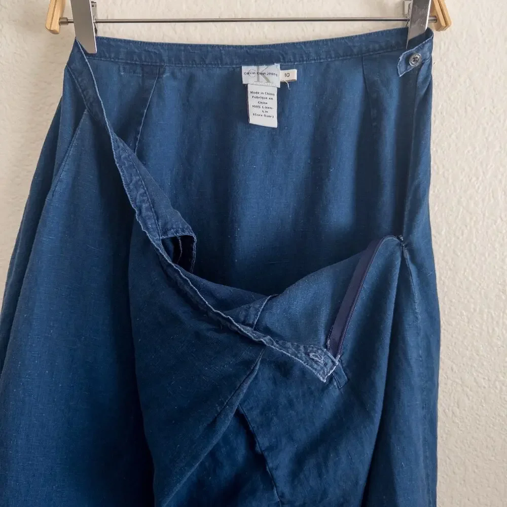 Calvin Klein CK Jeans Size 10 Blue Linen Faux Wrap Maxi Skirt Vintage